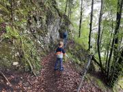 After a short ascent, we hike around the lake on the southwest side on a rocky path, the Felsenweg.