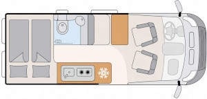 Floor plan of the Dethleffs Globetrail Classic 600 DK camper van.